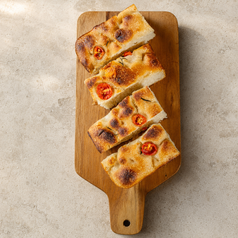 Sourdough cherry tomato rosemary focaccia