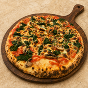 Farmfresh sourdough pizza on a wooden pizza peel