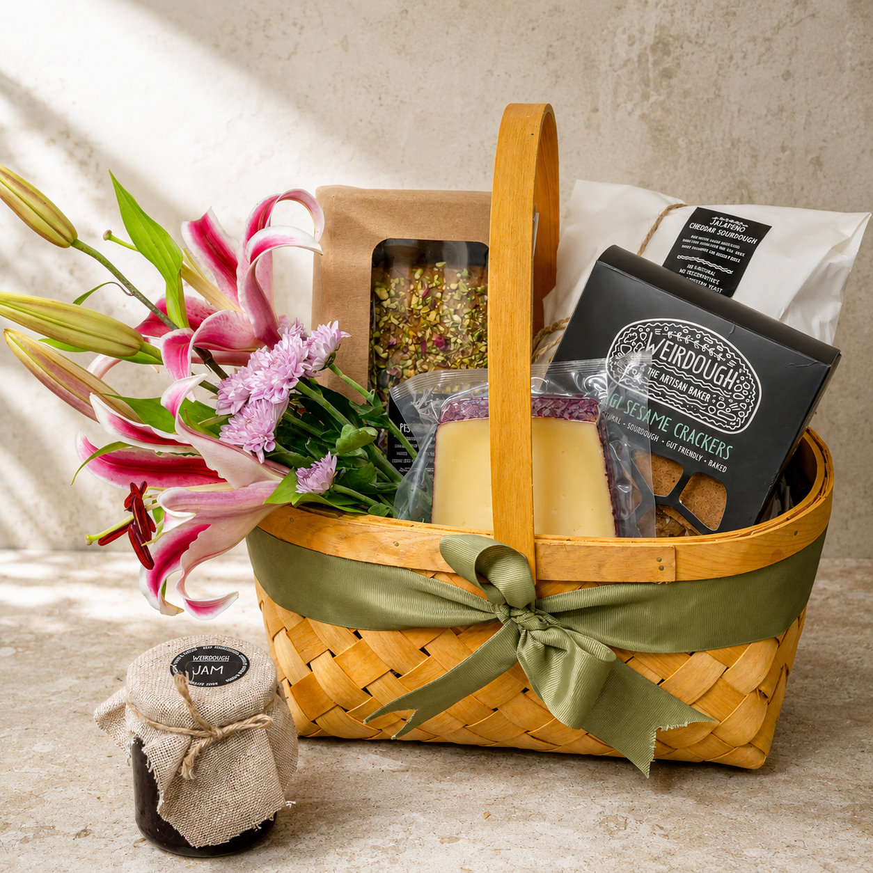 In Full Bloom artisanal bakery hamper with flowers