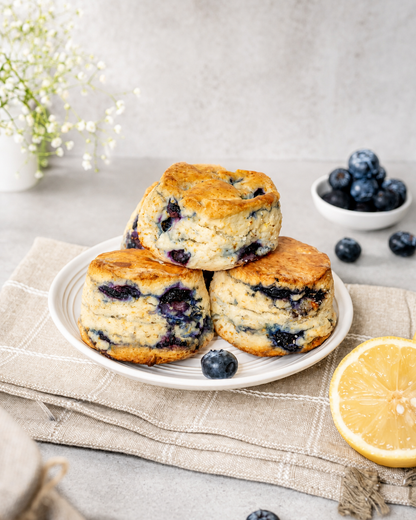 Lemon and blueberry sourdough scones in bright natural light
