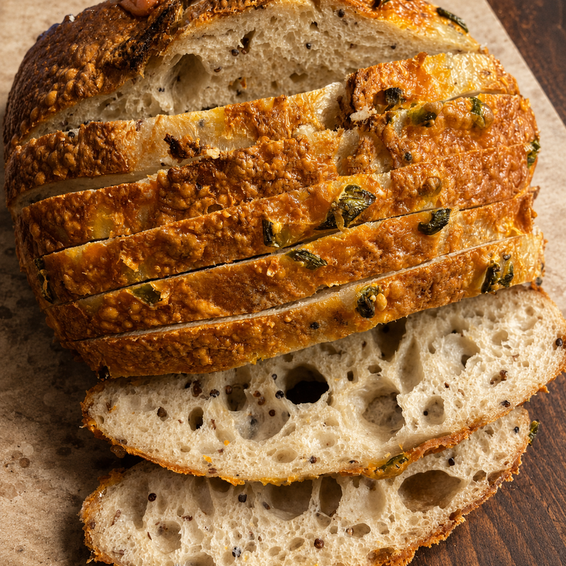 Quinoa sourdough topped with jalapeño cheddar