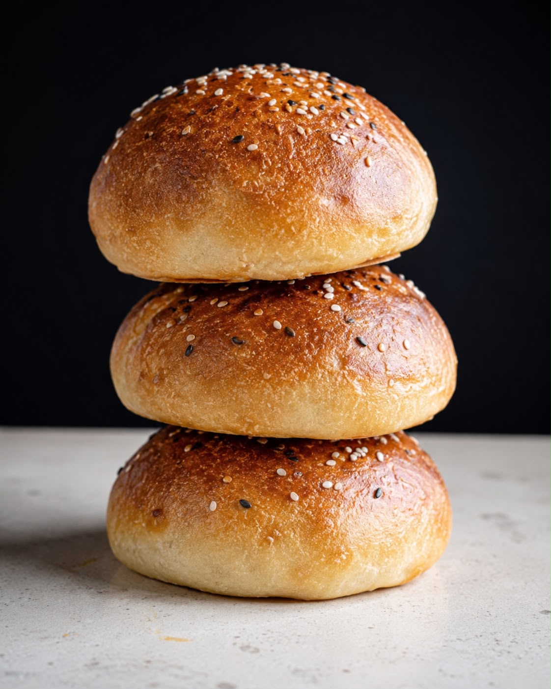 Three golden sourdough burger buns stacked on a stone surface