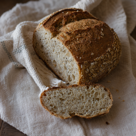 Toasted oat porridge sourdough loaf with sliced crumb