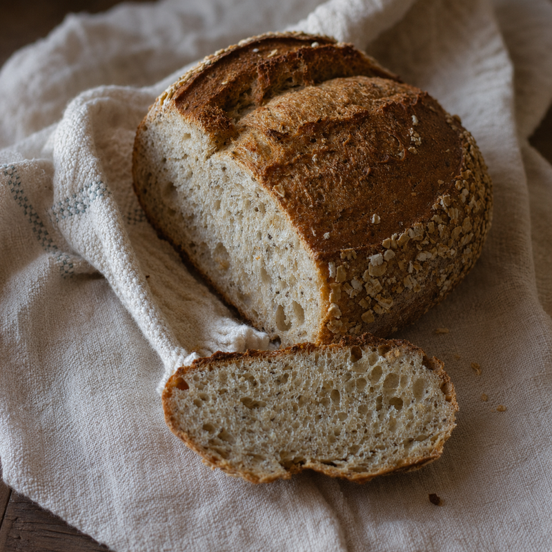 Toasted oat porridge sourdough loaf with sliced crumb