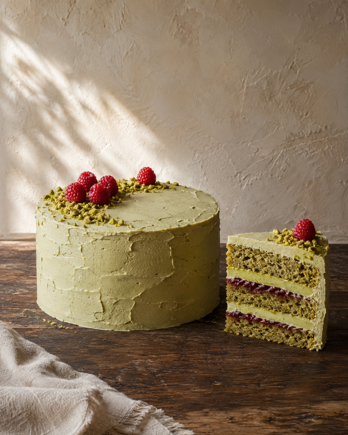 Raspberry pistachio layer cake with pistachio buttercream by Weirdough