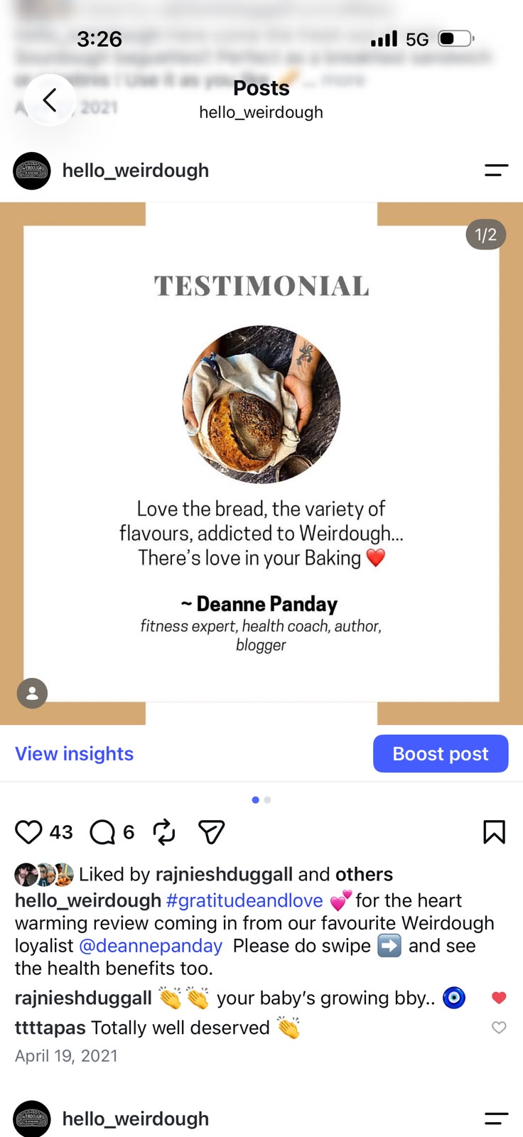 Deanne Panday sharing a Weirdough bread review on Instagram
