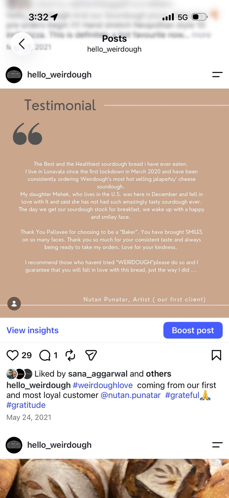 Nutan Punatar sharing a Weirdough jalapeño cheese sourdough review on Instagram