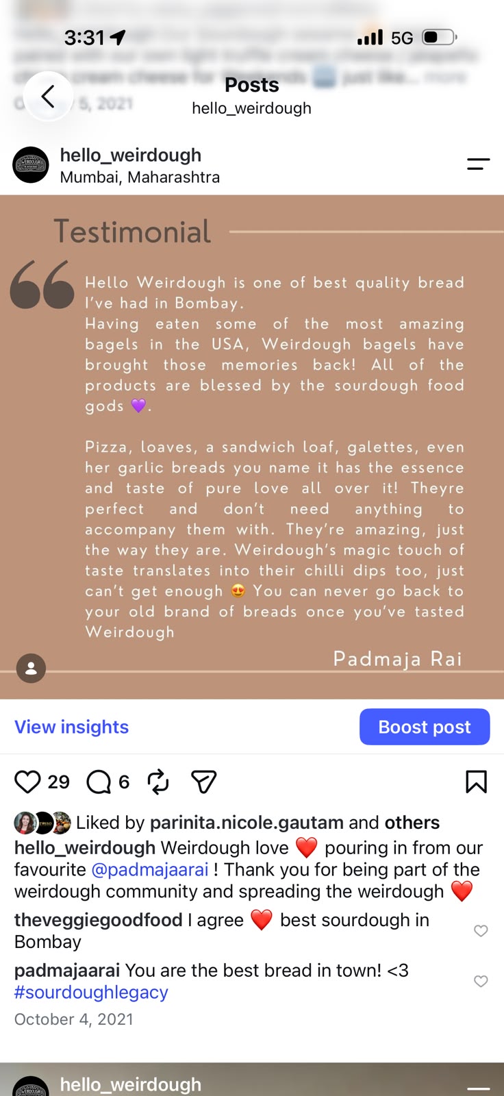 Padmaja Rai sharing a Weirdough bread and bagel review on Instagram