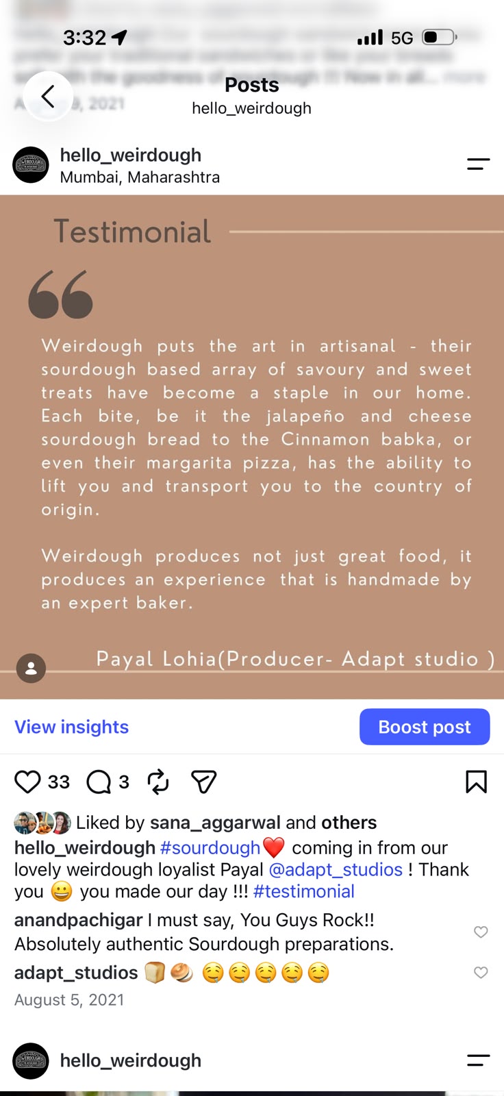 Payal Lohia sharing a Weirdough artisanal sourdough experience on Instagram