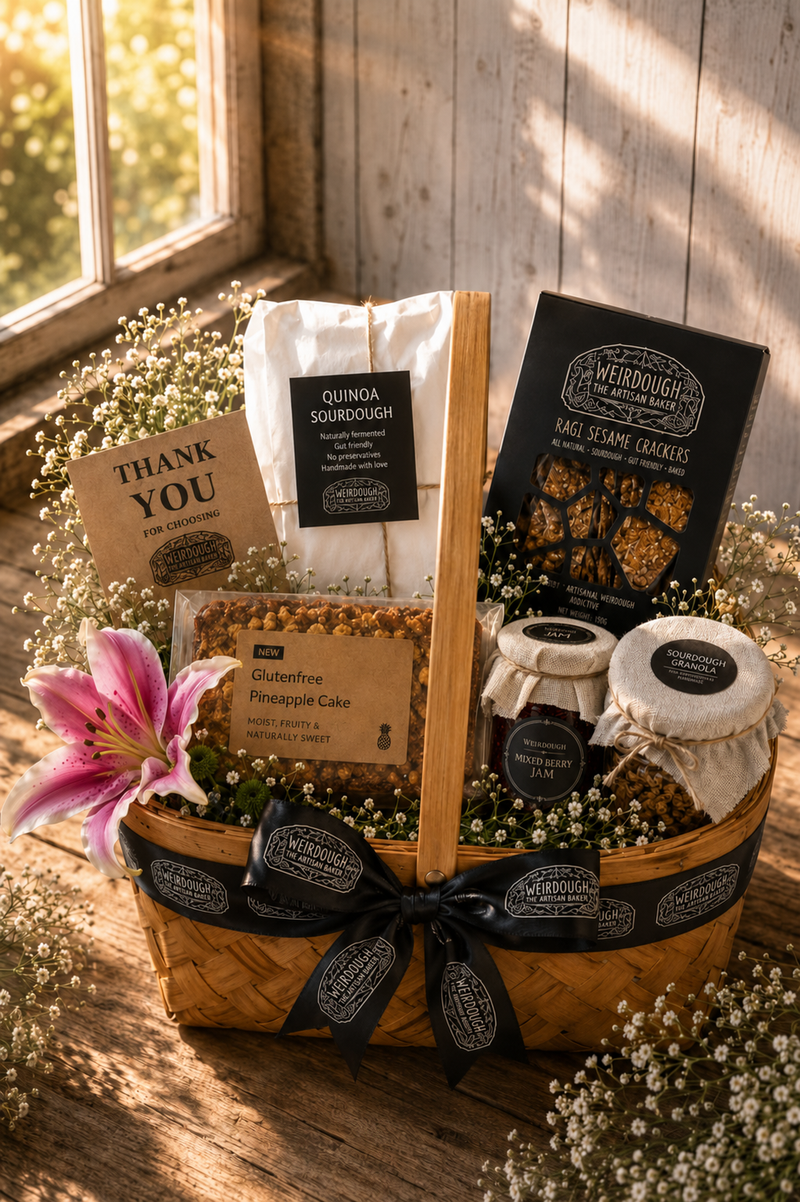 Gluten-free vegan Weirdough hamper with pineapple cake, quinoa sourdough, ragi crackers, granola and mixed berry jam