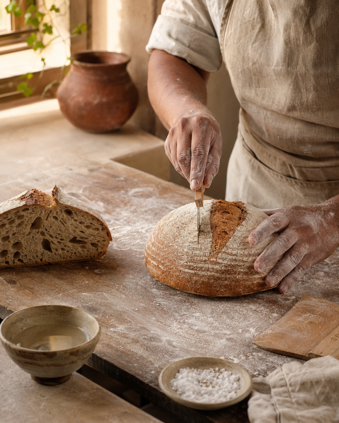 Weirdough artisan scoring naturally fermented sourdough at the bakery bench