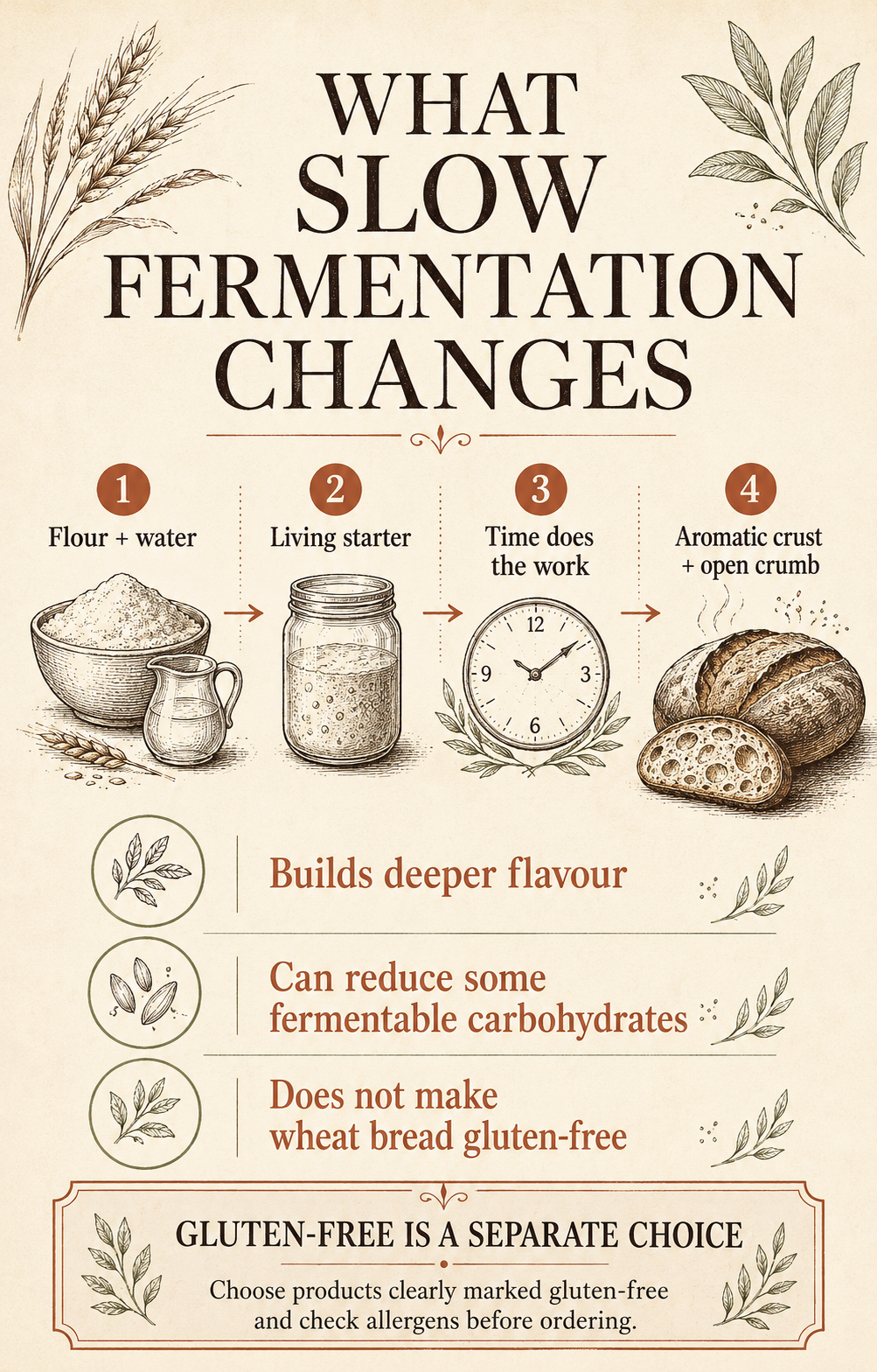 Illustrated guide: slow fermentation builds flavour and can reduce some fermentable carbohydrates, but does not make wheat bread gluten-free