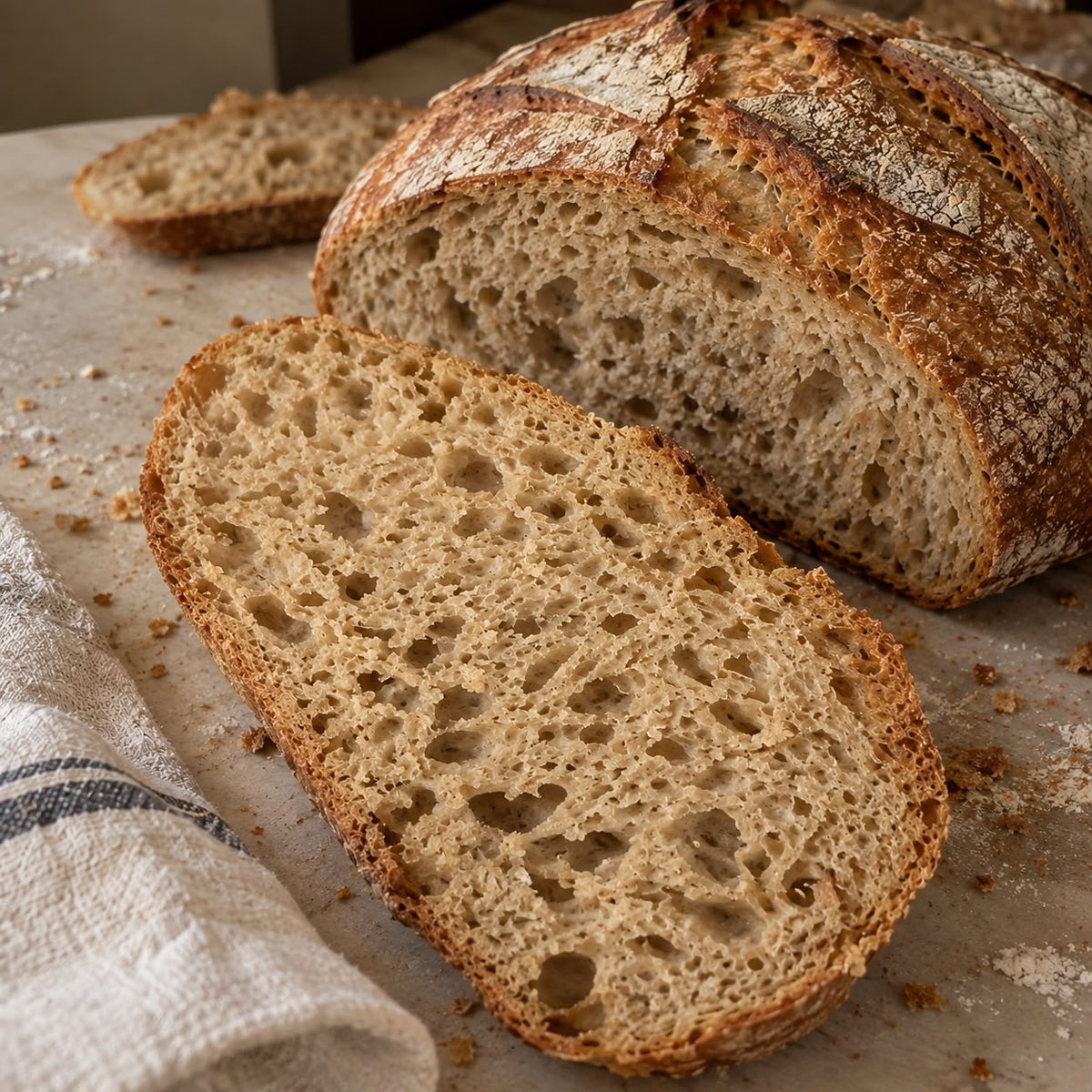 Whole Wheat and Rye Sourdough Miche with sliced crumb
